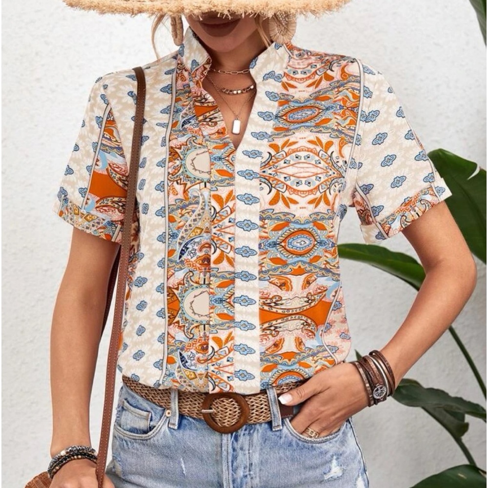 Boho Floral Paisley Print Top Blouse Shirt Green - Picture 6 of 16